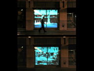 Downtown Mirroris an award-winning piece of public art that JD Beltran and I did for the City of San Jose.  It consisted of a number of projected urban portraits in storefronts of the downtown area.  For a couple of weeks, the storefront displays were augmented by a huge panoramic video on the side of a building along Fountain Alley, showing dramatic views of planes taking off and landing at Mineta Airport. An audio spotlight created a sweet spot for viewers to also hear the low-flying planes, which are typically an integral part of the downtown San Jose experience.
